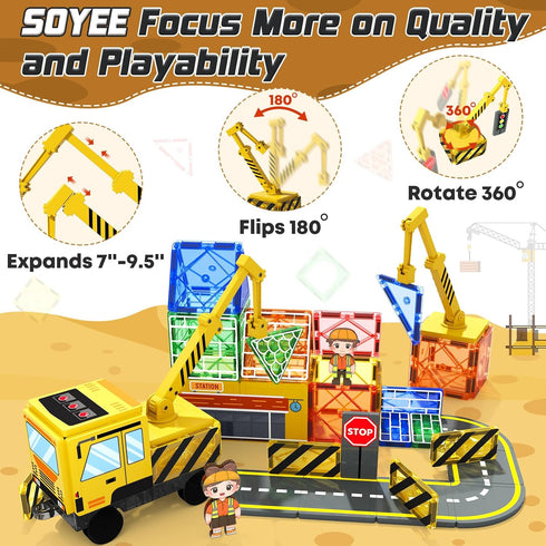Magnetic Tiles Construction Set with 2 Cranes | Boys Toys for Ages 3-10 | Includes Crane, Road Tracks, Train & Dolls