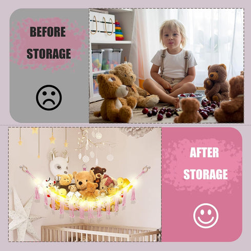 CERETIA Hammock Stuffed Animal with LED Light, Large Stuffed Animals Storage Corner Plushie Net for Kids Room Decor