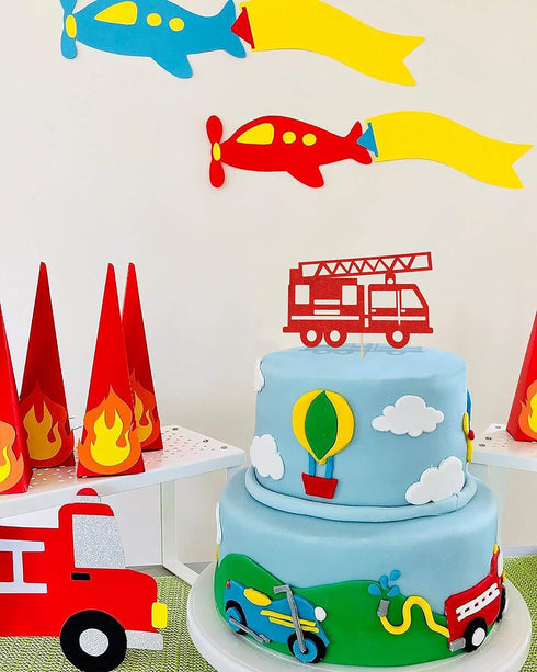 Fire Truck Cake Topper - Glitter Fireman Themed Party Decoration for Graduation or Birthday Party Supplies