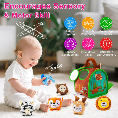 6 6-12 1-3 Soft Baby Sensory Toys - Squirrel Barn with Stuffed Zoo Animals - Rattles, Crinkles, Squeak, Mirror
