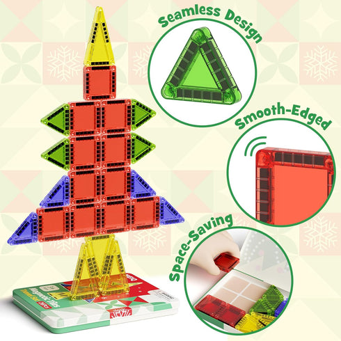 26 3-5+, Travel Magnetic Tiles for Kids, PCs Mini Magnetic Building Blocks with Festive Iron Storage Box, STEM Travel