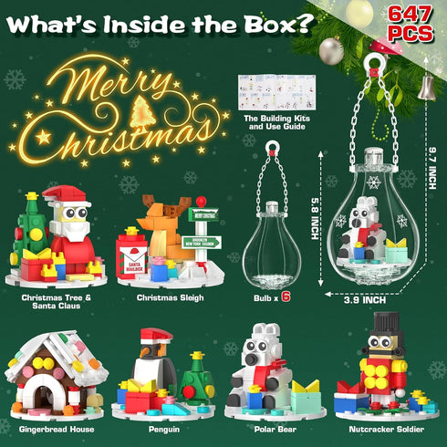 2026 647 Set Light-Up Christmas Ornament Building Kit PCS Holiday Building Blocks for Kids and Adults, Featuring