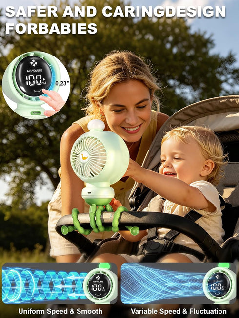 Generic 135 3-Color 6mm Portable Stroller Fan with Auto Oscillation, LED Night Light, Rechargeable Battery & Flexible