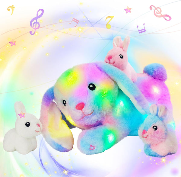 Hopearl LED Musical Stuffed Bunny Light up Singing Plush Toy Playset Mommy