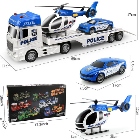 Dwi Dowellin Toddler Boy Toys, 25" Semi Truck with Racing Car and Helicopter - Police Toys for Kids Age 2-6