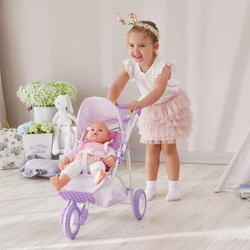 Purple and White Baby Doll Jogging Stroller with Canopy