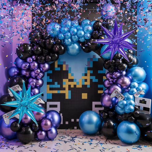 Black Purple Blue Balloon Arch Kit with 2Pcs Star Balloons, Metallic Purple Blue Garland for Kids Video Game Party