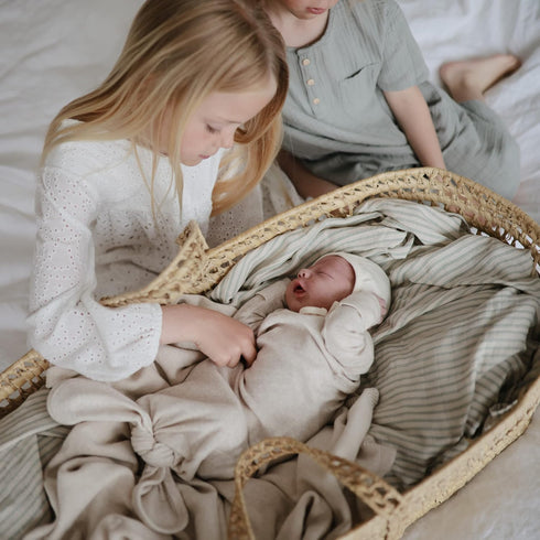 mushie Muslin Baby Swaddle Blanket - 100% Organic Cotton (Sage Stripe)