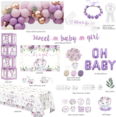 HYCSANBAO Elephant Baby Shower Decorations for Girl, Pink Purple Elephant Baby Shower Party Supplies, It's a Girl