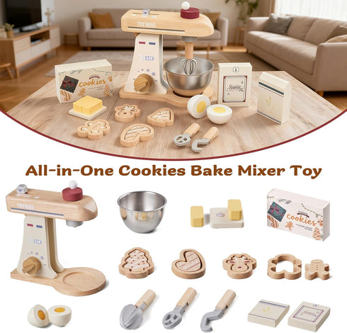 Toywoo Sets Set 3+ Wooden Toy Mixer for Kids Play Kitchen Accessories Wooden Play Food with Whisk,Traditional