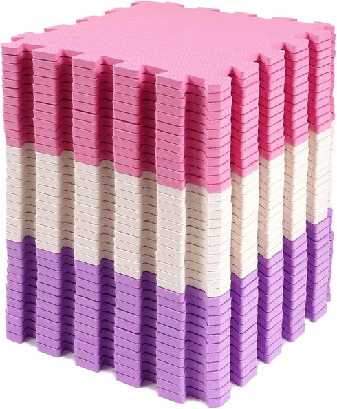 BalanceFrom 16-Pack 12x12 Inches EVA Interlocking Foam Play Tile Mat, Pink/Purple/Beige 0.4-Inch
