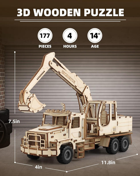 MOCBURIKU 3D Wooden Puzzle for Adults, Excavator Wooden Mechanical Model Car Kits to Build, Brain Teaser Pull Back