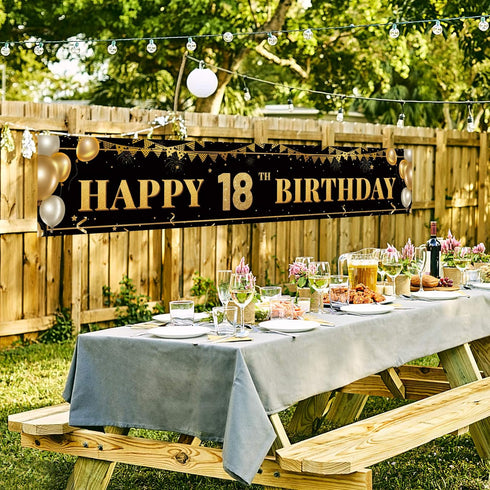 Large Black and Gold Happy 18th Birthday Decoration Banner, 18th Birthday Party Supplies (9.8x1.6ft)