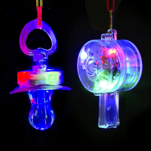 PROLOSO 20 10 10 PCS Light up Flashing Whistles Glow in the Dark Party Supplies Include Pacifier Whistles and Round