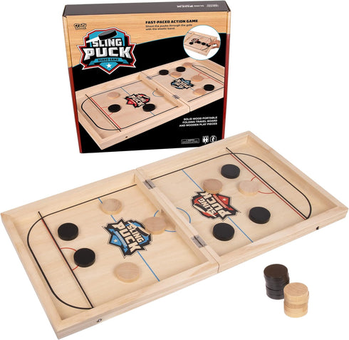 Fast Sling Puck Board Game | 24" Small Wooden Table Top Hockey Game for Adults & Kids, Ideal for Parties