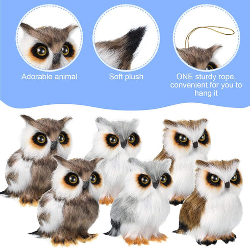 Mini Owl Plush Toy - 6 Pieces, 3.2 Inch Christmas Hanging Ornaments, Woodland Gray White
