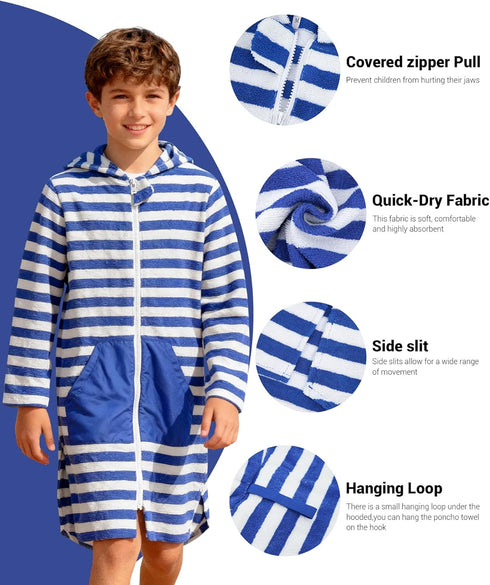 Kids' Hooded Towel Poncho with Zipper - Stylish Beach Cover-Up for Boys & Girls