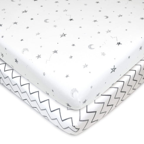 American Baby Company 2 Pack 100% Natural Cotton Fitted Mini Crib Sheets - 38" x 24", Gray Stars/Zigzag