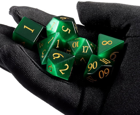 Cat's Eye Gemstone Dice Set - 7 Pcs Green Dice Set with Box for Dungeon and Dragon Dice Games.