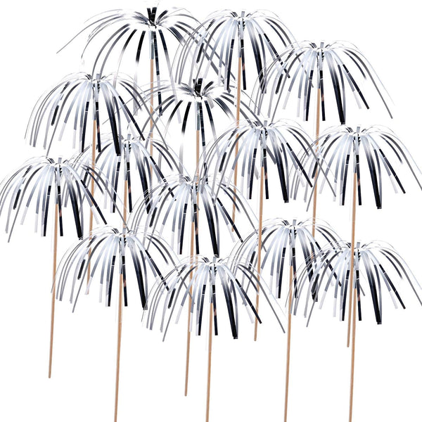 100 Pieces Graduation Foil Frill Firework Cupcake Toppers, 9 Inch Shape Food Picks for Halloween Party Supplies (Silver)