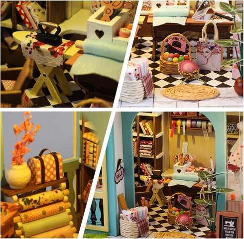 DIY Miniature House Kit, Tailor Shop Mini House Building Kit with Furniture & LED, Tiny House Model for Adults Teens