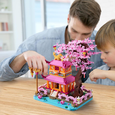 Create Your Own Tranquil Sakura Flower Pavilion, 1810pcs Micro Building Blocks, Exquisite Architecture Model