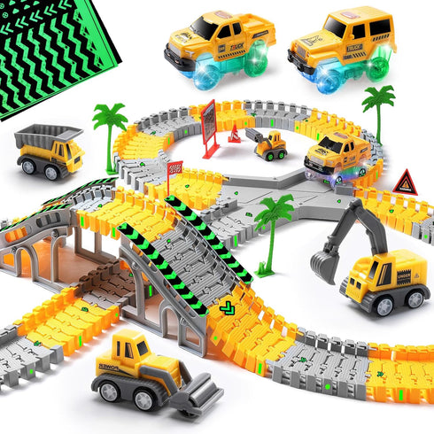 264 PCS Construction Race Tracks for Kids Toys, Glow in The Dark Magic Toy Set with 2 Light Up Cars
