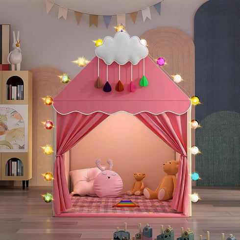 Pink Kids Play Tent with Mat, Cloud and Ball Lights, Large Playhouse for Boys and Girls, Indoor & Outdoor Toddler
