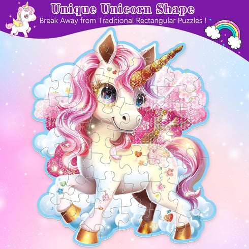 45pcs Shimmery Unicorn Shaped Jumbo Jigsaw Floor Puzzles for Kids Ages 3-5, Birthday Gift (28'' x 33'')