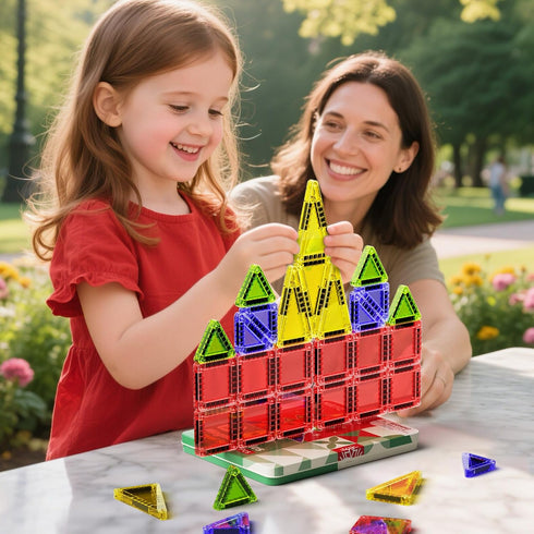 26 3-5+, Travel Magnetic Tiles for Kids, PCs Mini Magnetic Building Blocks with Festive Iron Storage Box, STEM Travel