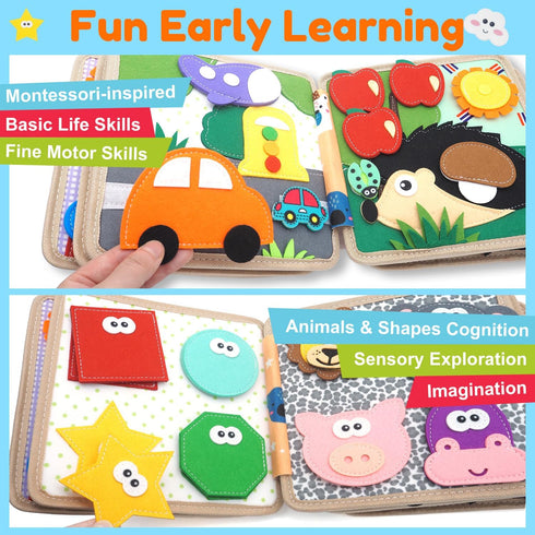 1-3, 1 Busy Book for Toddlers Felt Animals Busy Board for Year Old Montessori Toys, Peekaboo Quiet Book, Airplane