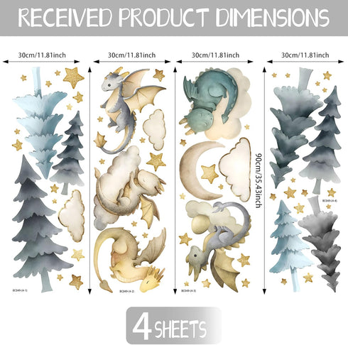 Dragon Wall Stickers,Peel and Stick Colorful Flying Dragon,White Clouds, Stars.Tree Self-Adhesive MuralRemovable Wall