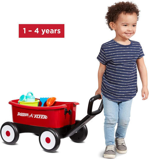 1-4 Radio Flyer Push & Pull Walker Wagon with Garden Tools, Red, for Kids Years Old, Locking Handle for Stability, Baby