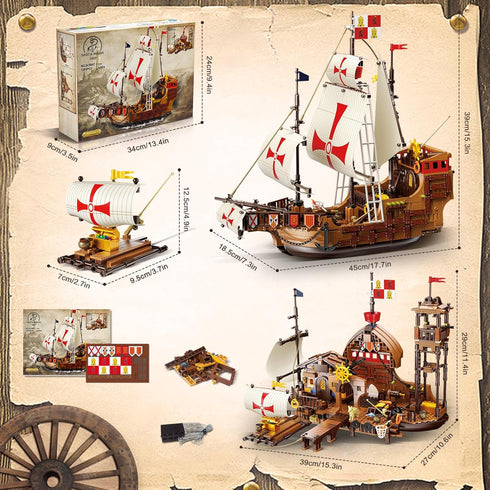 Set 2 1 1253 12+ HiWEEGO Santa Maria Ship Building with LED Lights, in Pirate Ship House Wharf Building Block Kit, PCS