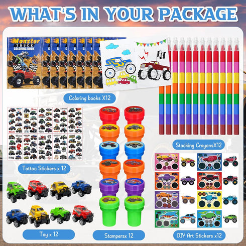 72 Cinrobiye Pcs Monster Truck Party Favors Bulk, Truck Car Coloring Books with Crayons Stickers Stampers Goodie Bag