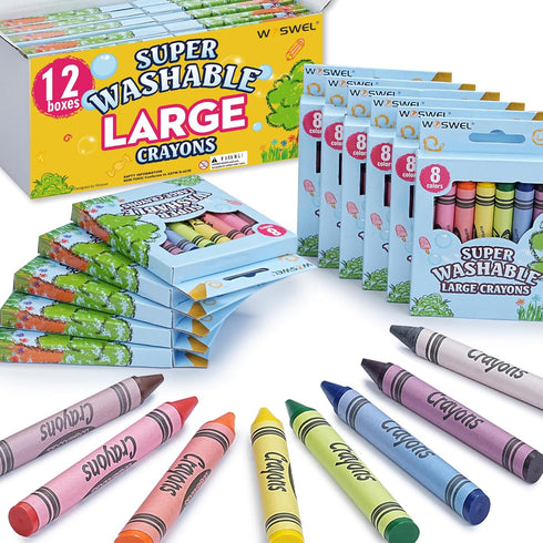 WOSWEL Super Washable Jumbo Crayons Bulk, 12 Pack Crayons with 8 Bright