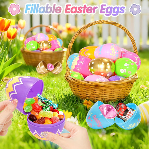 36 3.15" SevenQ Plastic Easter Eggs Empty Fillable Pcs Printed Colorful Egg for Hunt Basket Stuffers for Teens Pinata