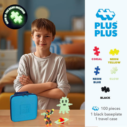 100 Set, PLUS PLUS Travel Case - Piece Glow Mix, Mini Interlocking Building Blocks Stem Toys - Airplane Travel