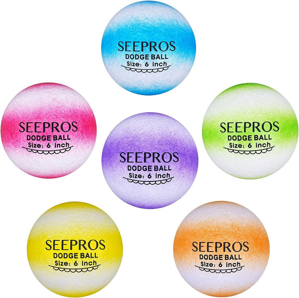 Foam Dodgeball Set - Soft Skin, Low Bounce, Dream Rainbow Color, Set of 6 for Outdoor Games with Mesh Storage Bag