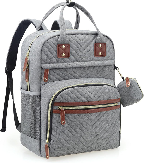 Diaper Bag Backpack, Grey Travel Essentials Tote Bag, Multi-Function Waterproof Backpack with Stroller Straps &