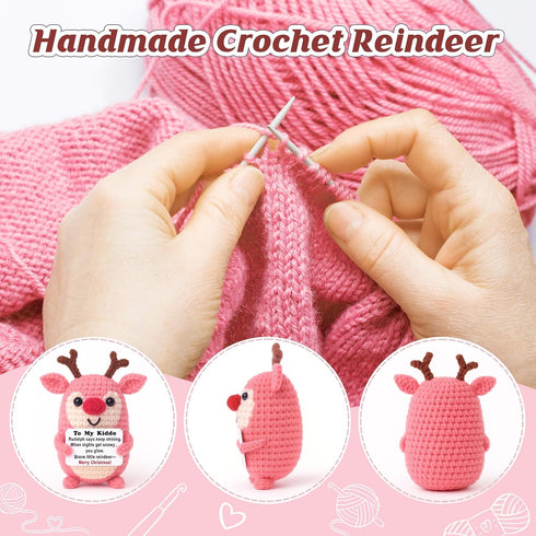 Cozy Stocking Stuffers for Teen Girls Mini Crochet Reindeer Plush with Story Pun Card, Cute, Desk/Nightstand Decor