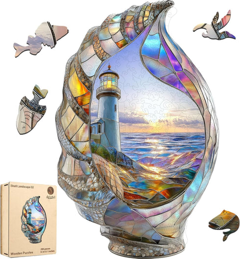 Delobil Lighthouse Wooden Puzzles for Adults, Shell Landscape Jigsaw Puzzles 200 Pieces,