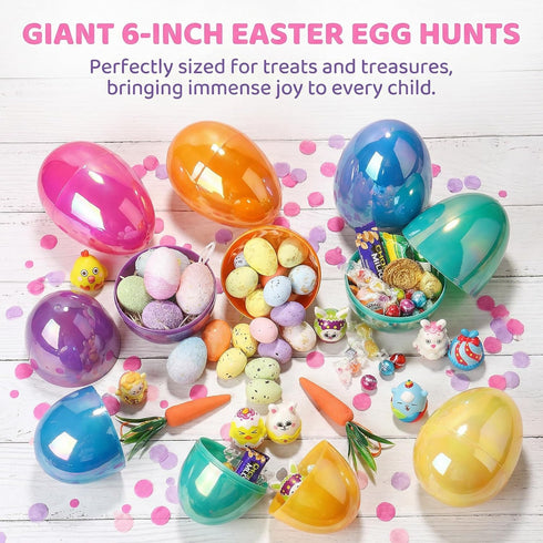 PNIOTAIN 6 6 Inch (Shimmer) Pcs Large Easter Eggs Fillable, Colorful Jumbo Plastic Empty Egg Stand Upright for Easter