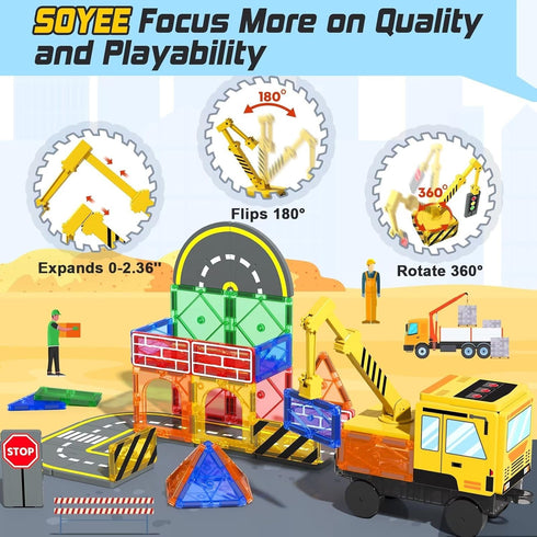 Magnetic Tiles Construction Toys with Crane, Road Pieces, Truck Magnetic Blocks for Kids Ages 3-8, STEM Building