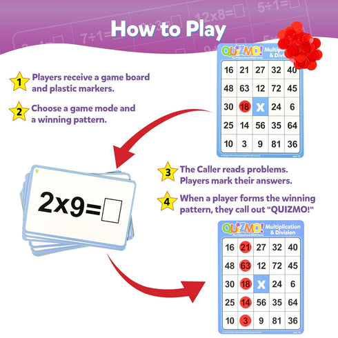 QUIZMO Bingo Style Math Game - Multiplication & Division - 2 Game Modes for Ages 8+ - Teach Basic Mathematics