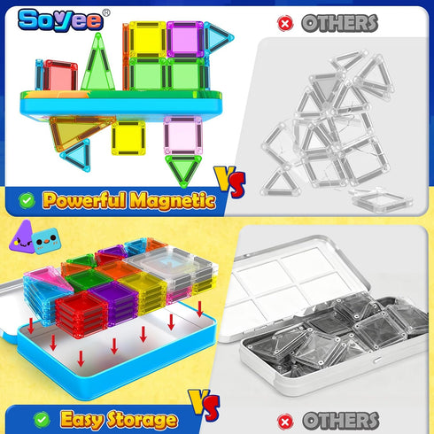 60PCS Soyee Mini Travel Magnetic Tiles with Metal Tin Case Toddler Kids Toys Travel Essentials, Toddler Travel Toys