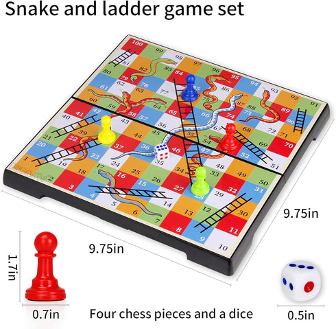 Set (9.75 Inches) KIDAMI Magnetic Snakes and Ladders Game with Storage Box, Folding Design and Light-Weight, Gift
