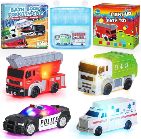 JASNKKONT 4 Floating Changing Color Light Up Bath Toy Car with Bath Book