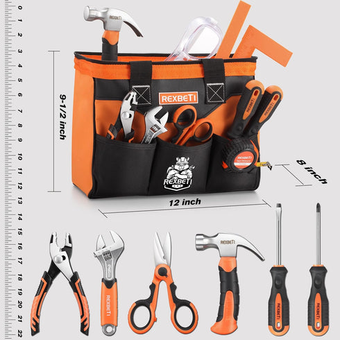 10-Piece Set 6+ REXBETI Kids Tool with Real Hand Tools, Orange Durable Storage Bag, Children Learning Tool Kit for Home