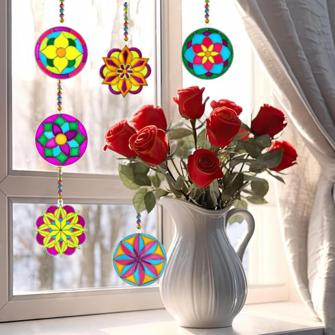 Ayhuhra 30 Sets Summer Mandala Suncatchers Craft Kits Stained Glass DIY Window Paint Art Flower Suncatcher Kits